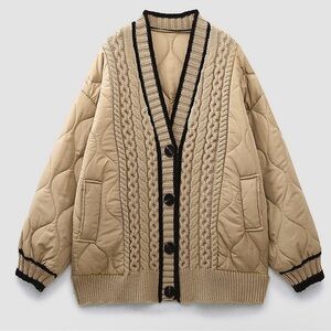 COMMENSE Braided Quilted Oversized Cardigan Coat Jacket L Beige Tan Black Trim